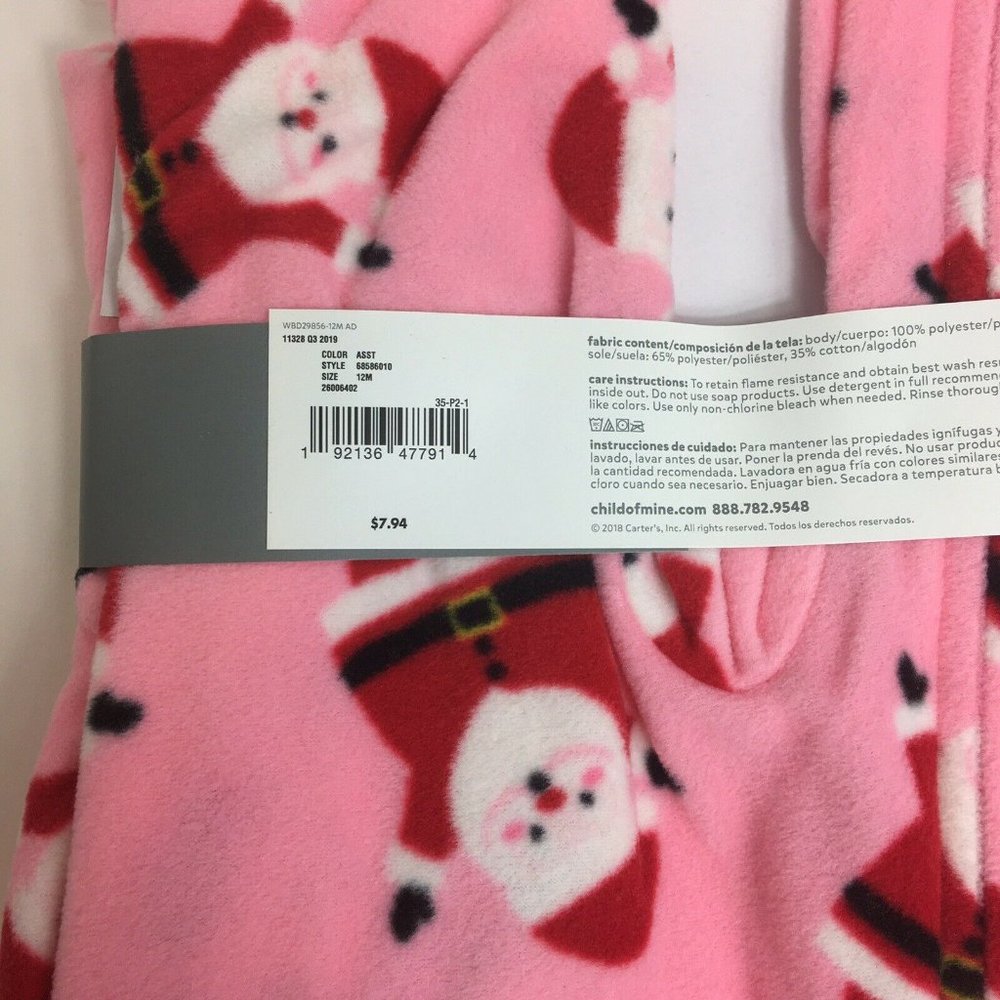 Carters Child of Mine 12 Month Fleece Footed Pajamas Pink Santa Sleeper X-Mas - Picture 6 of 12